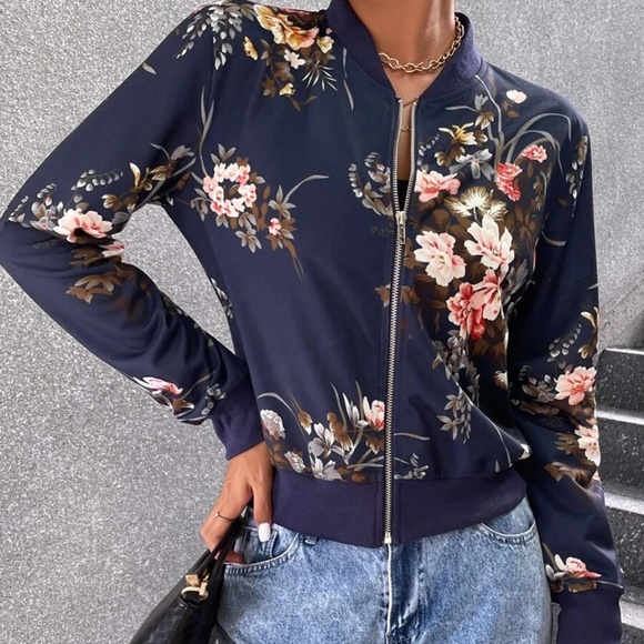 Boho Floral Print Zipper Light Bomber jacket - Picture 2 of 5